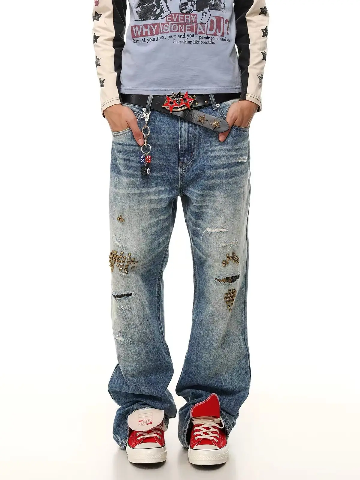 Men's Rivet Hole Leopard Print Blue Jeans Street Boys Bottom Casual Pants Wide Legs Sweatpants Male High Waist Unisex Trousers