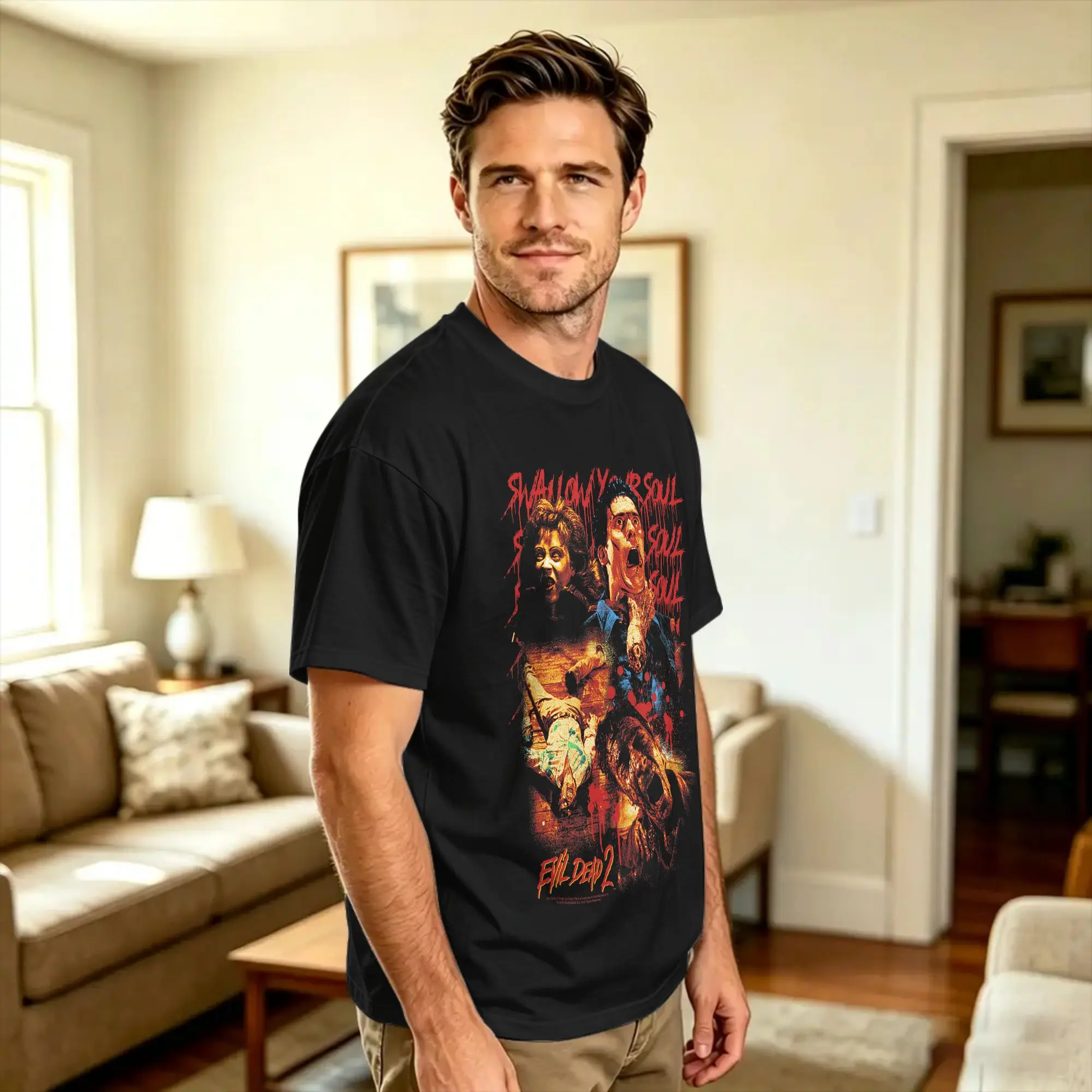 Men's Evil Dead 2 Swallow Your Soul Collage Horror Movie T-Shirts  100% Cotton Tops Summer Vintage Short-Sleeve T Shirt O Neck