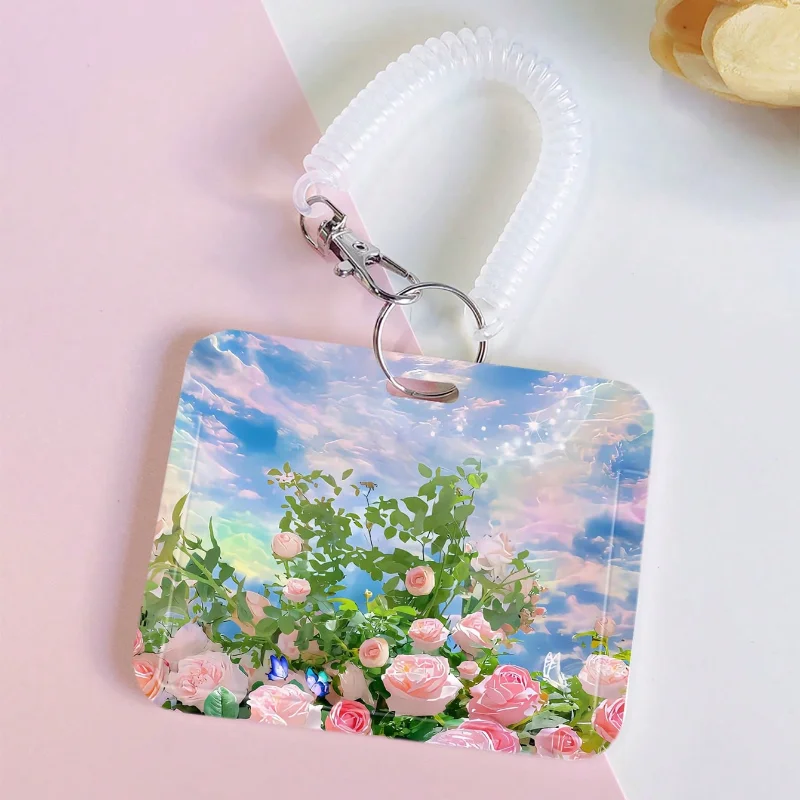 Beautiful Rose Bushes Horizontal Card Sleeve Student ID Card Campus Access Card Bus Card Waterproof Protective Cover Key Chain
