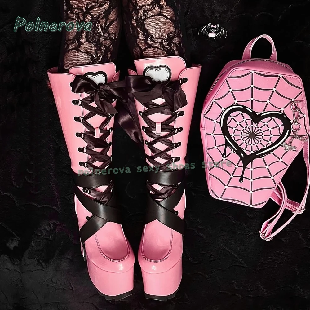 Women's Pink Platform Knee High Boots Round Toe Lace Up Patchwork Bow Heart Gothic Punk Y2K Sweet Goth Wedge Heel Shoes Summer view 2