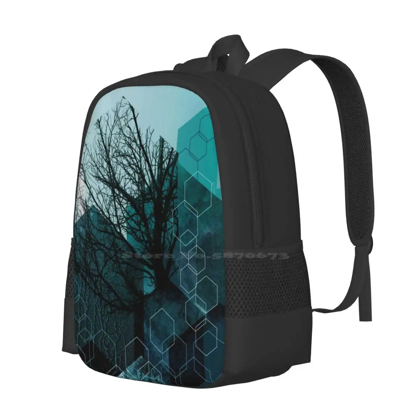 Teal Tree Geometric Hot Sale Schoolbag Backpack Fashion Bags Turquoise Green Blue Blue Green Abstract Hexagons Dark Green Teal