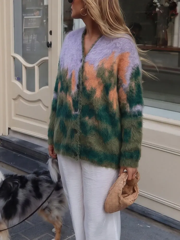 HH Autumn Women Fashion High Street Colorful Print Cardigan V Neck Single Breasted Long Sleeve Chic Casual Vacation Sweater Coat