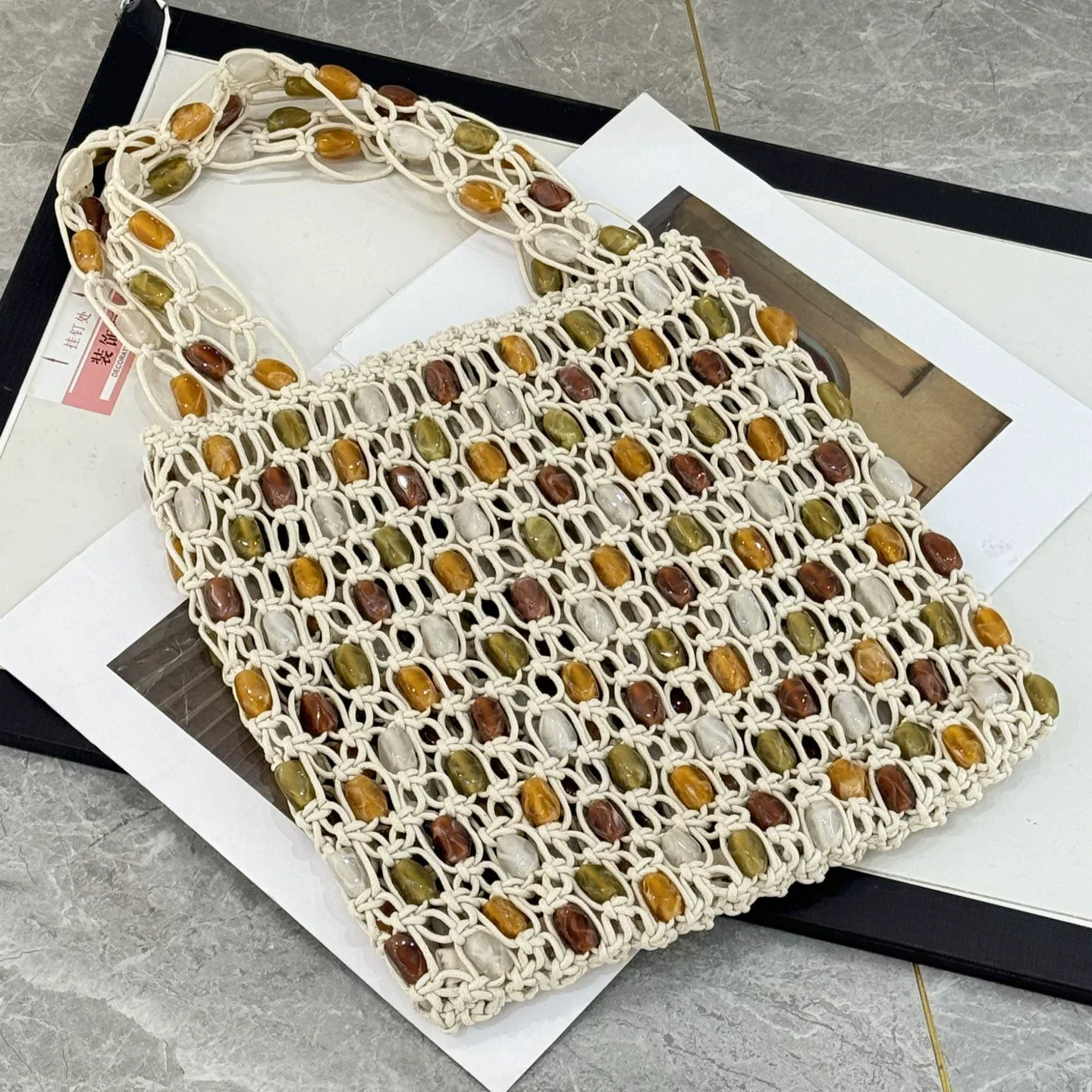 

Brand Retro Hand-woven Shoulder Bag French Marble Beaded Handbag Fashion Large-capacity Colored Stone Net Bag Women Underarm Bag