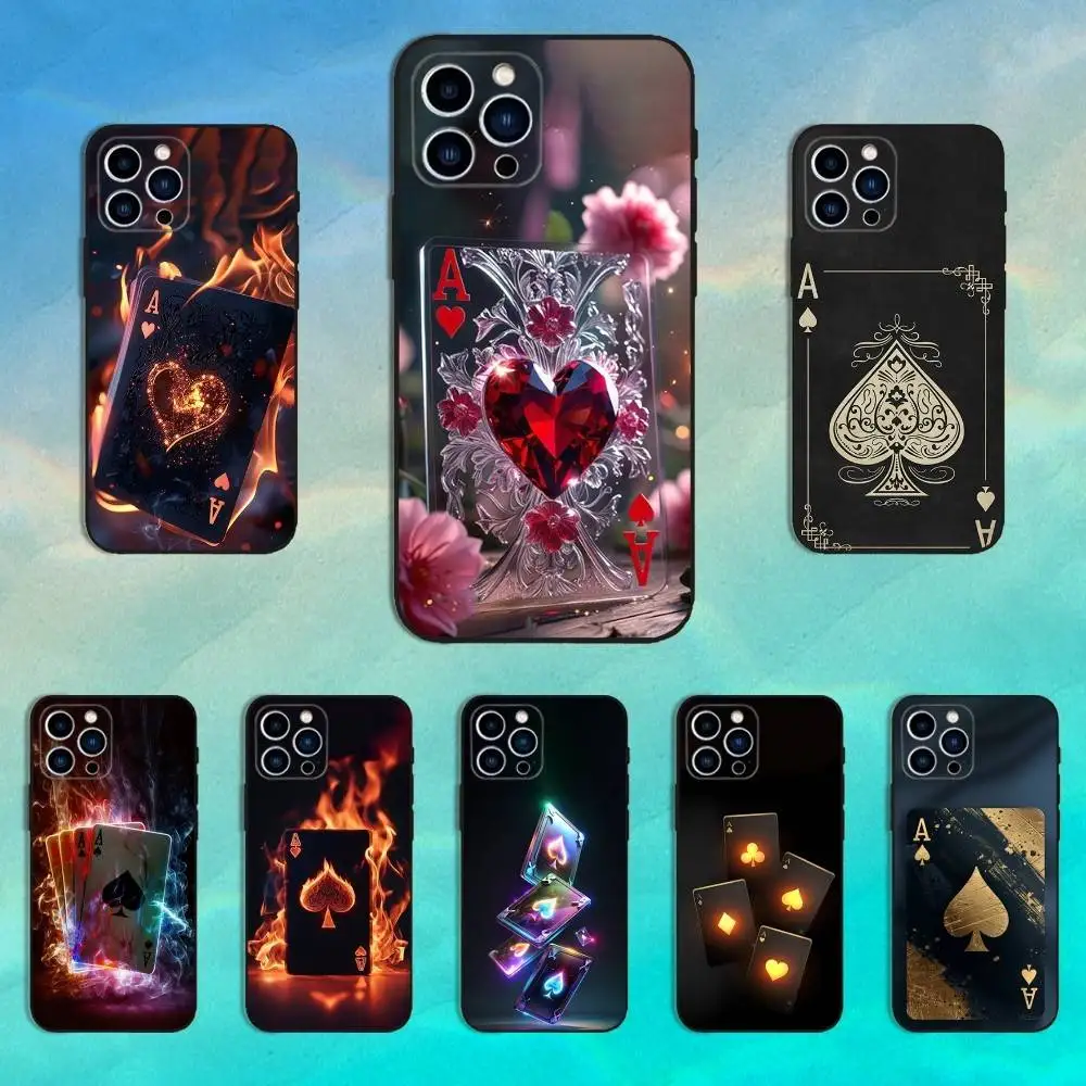 Ace Art OF Spades Poker Handyhülle für iPhone 16,15,14,13,12,11 Plus, Pro Max, XS, X, XR, SE, Mini, 8,7, weiche Silikonhülle in Schwarz
