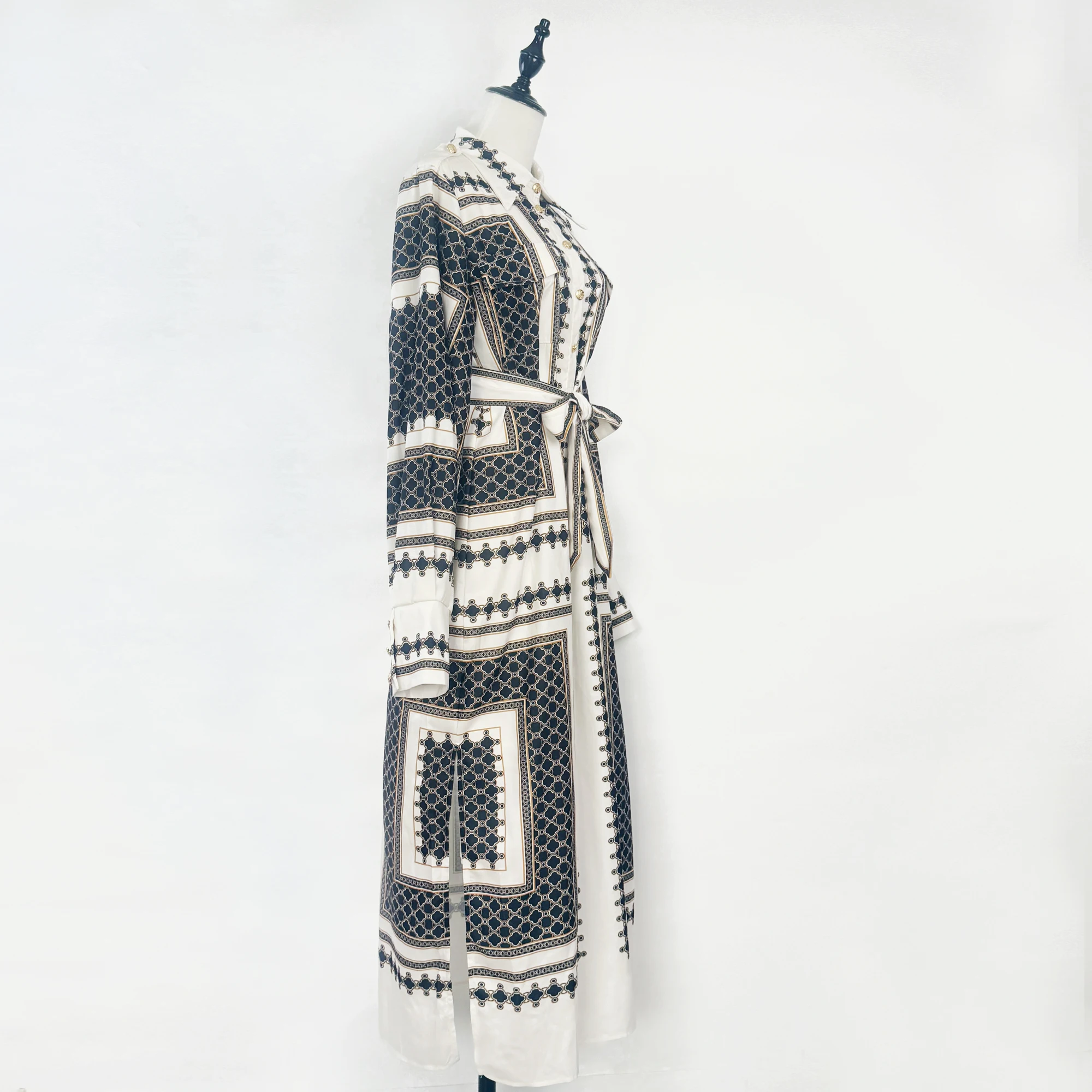  Bla Geometric Print Silk Scarf Dr irt Skirt High-End Autumn New Sle Printed Midi Dr with Lantern Sves