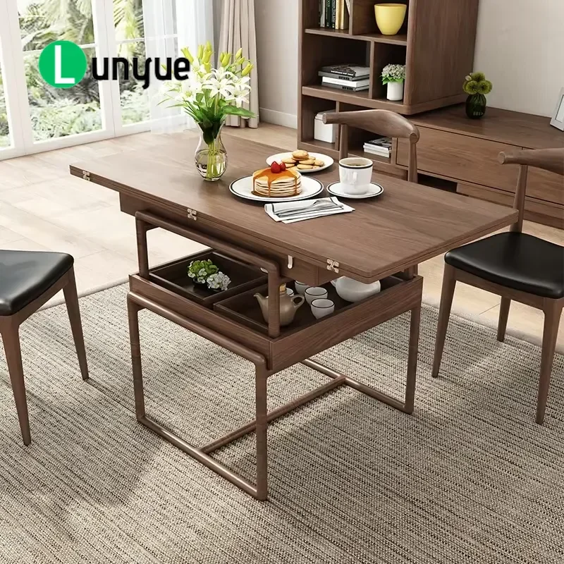 Modern Height Adjustable Folding Wooden Dining Table Multifunctional Extended Coffee Table for Living Room Space Saving