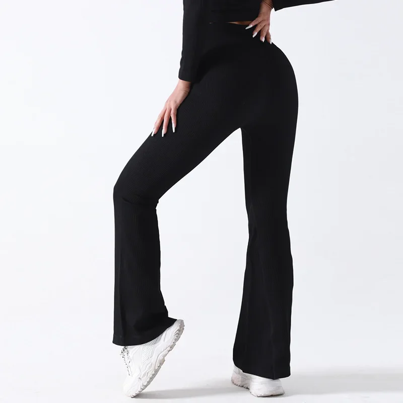 

New Flared Leggings Women Thread Knit Leggings Gym Workout Yoga Fitness Seamless High Waist Hip Liftting Stretchy Sports Pants