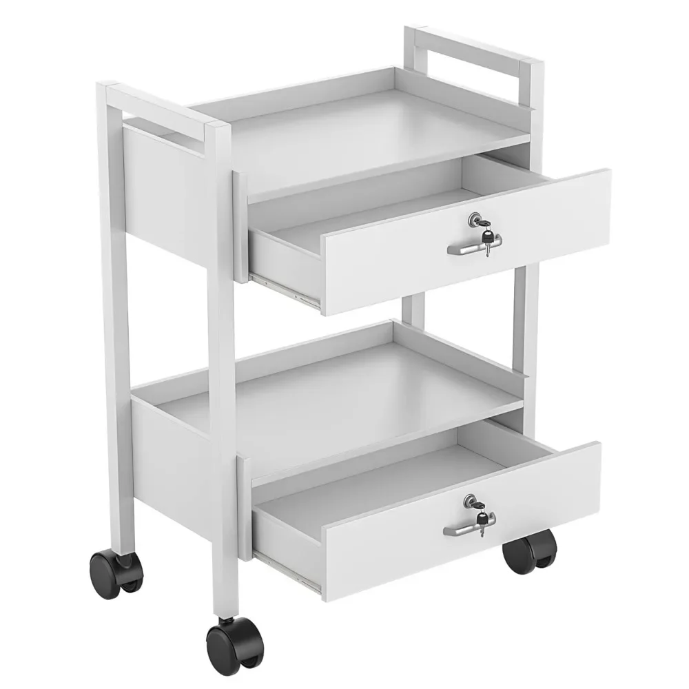 

Wooden Salon Trolley Cart with 2 Lockable Drawers - Mobile Utility Storage Station for Salon, Medical & Esthetic Use
