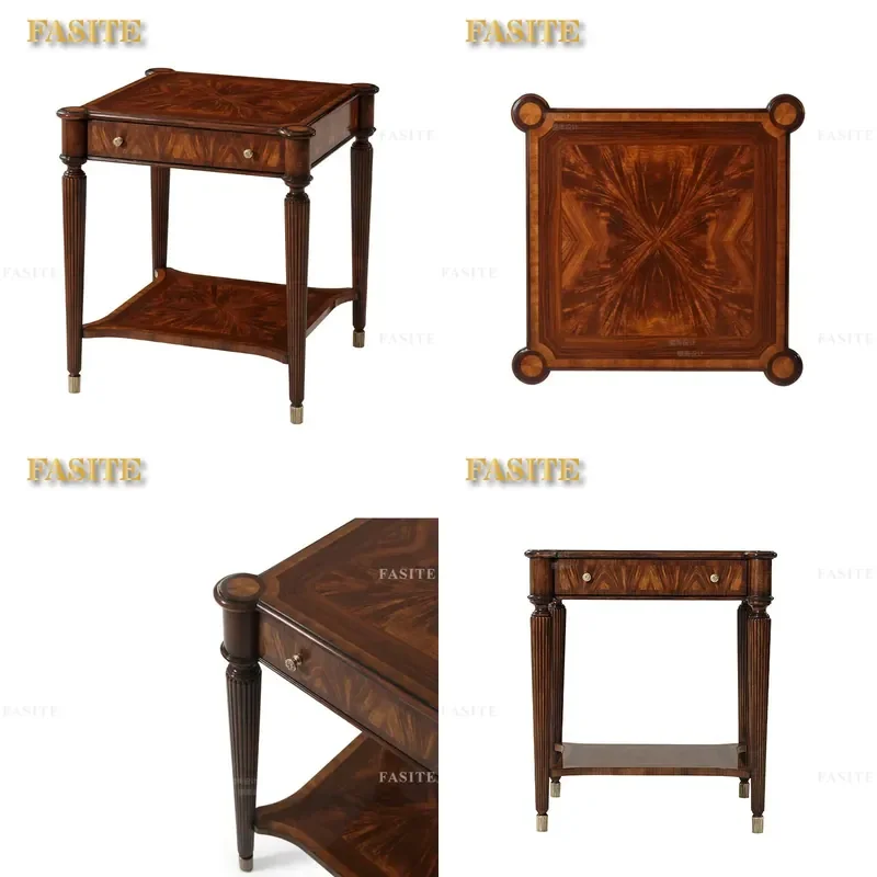 For Neoclassical Solid Wood Bedside Cabinet with Carved Flower Details Wood Grain Finish Small Corner Nightstand for Bedroom