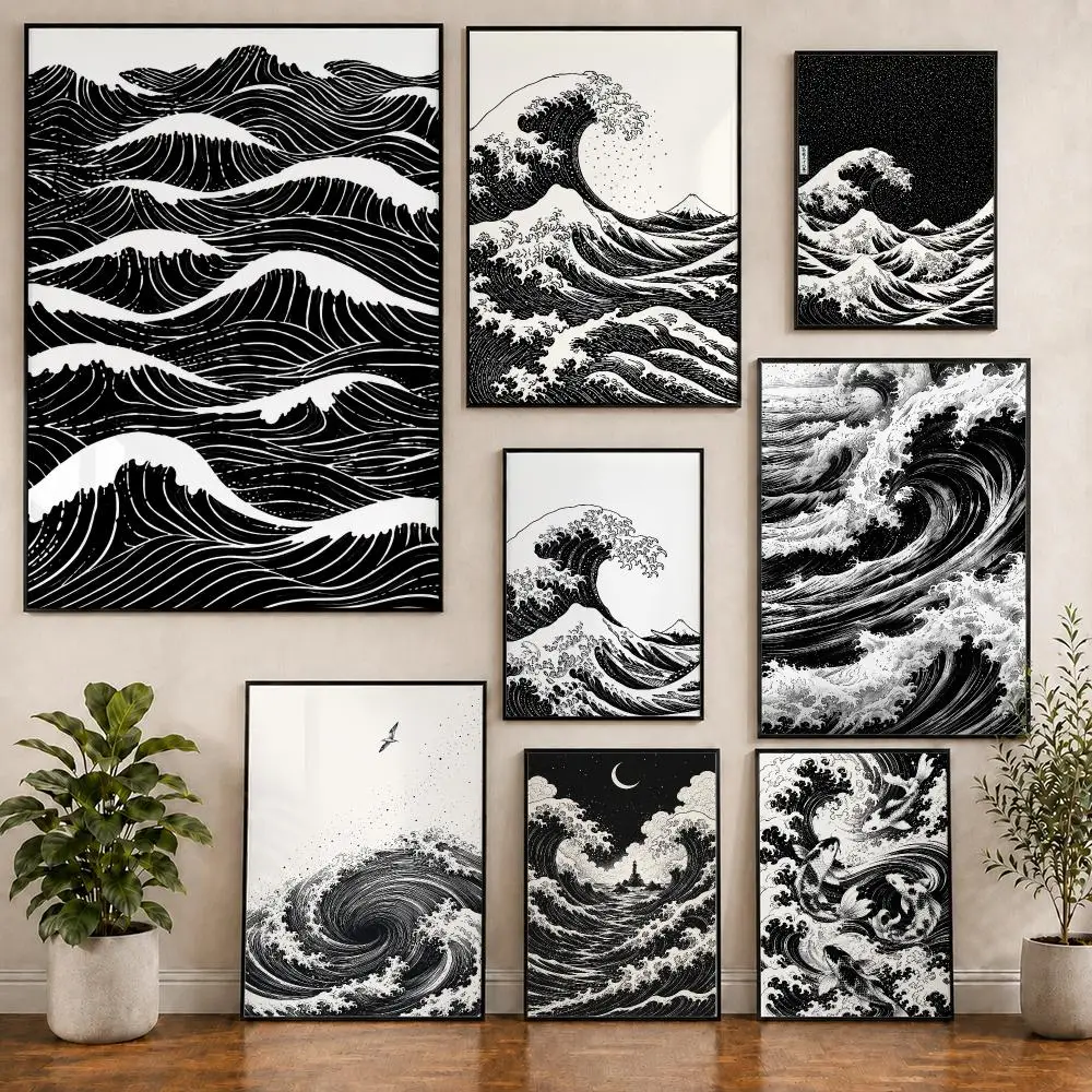 Japanisches Schwarz-Weißes Ozean-Ukiyo-e-Poster aus PVC, HD-Qualität, Selbstklebend, Modernes Poster für Wohn- und Esszimmer, Wanddekoration für Zuhause und Büro