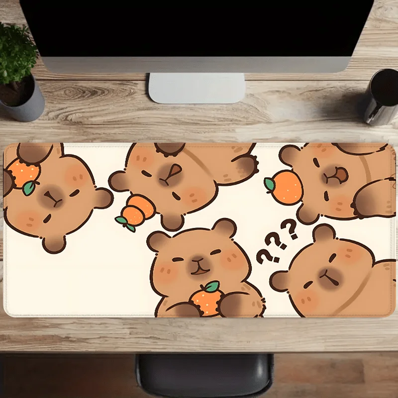 Extra Large Cute Capybara & Tangerine Mouse Pad, Non-Slip Rubber Base Stitched Edges for Gaming Office Perfect Gift