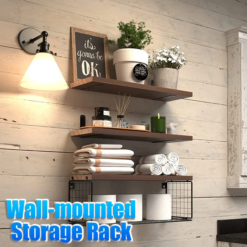 

Floating Shelves Wall Mounted Rustic Wood Storage Display Shelf with Metal Wire Basket Hanging Shelf for Kitchen Office Bedroom