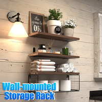 Floating Shelves Wall Mounted Rustic Wood Storage Display Shelf with Metal Wire Basket Hanging Shelf for Kitchen Office Bedroom