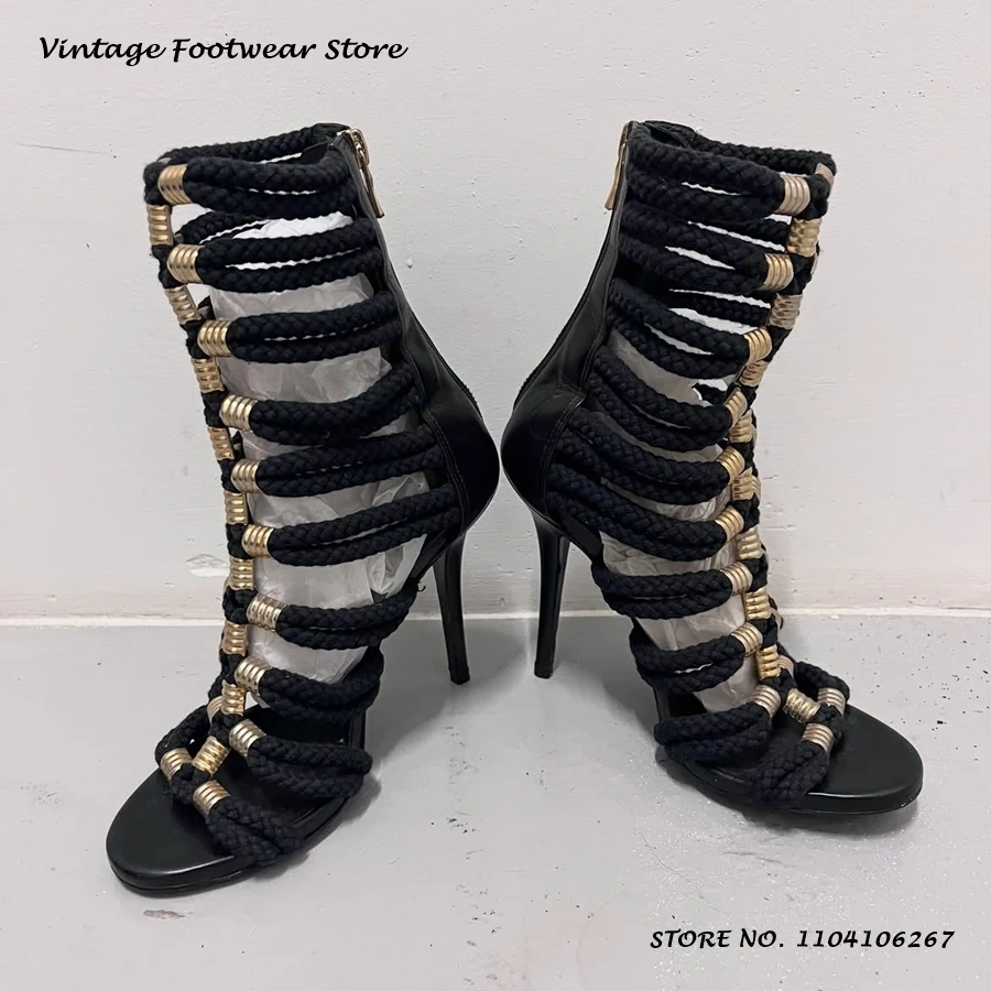 Hardware Embellished Rope Sandals Fashion Round Open Toe Thin Heels Party Shoes Women's Summer Street Style Zipper High Heels