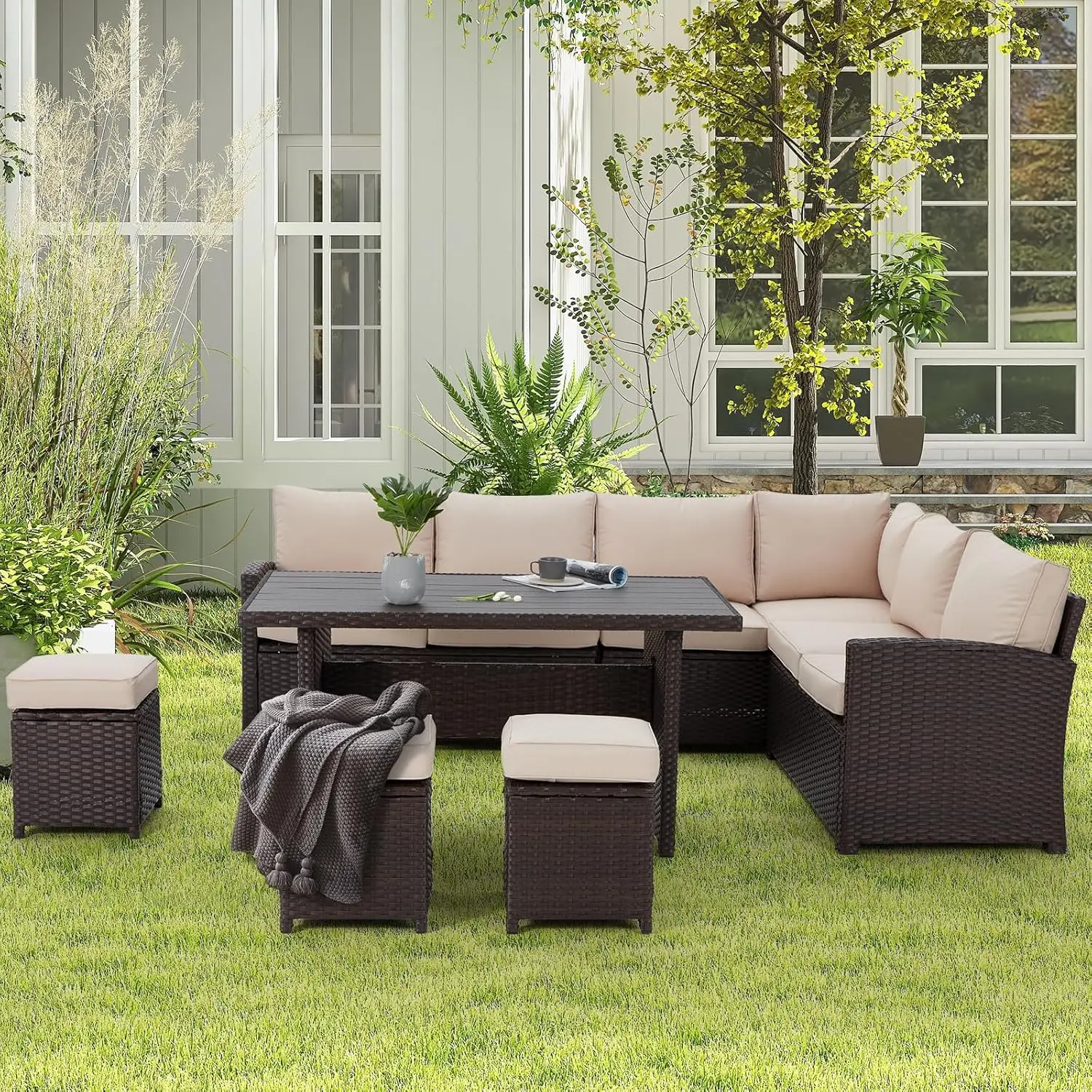 7 Pieces Patio Furniture Set Outdoor Sectional Sofa Conversation Set All Weather Wicker Rattan Couch Dining Table