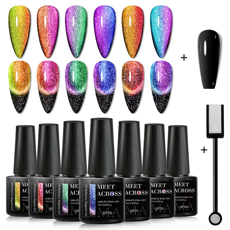 MEET ACROSS 7ml 9D Magnetische Gel Nagellak Set Glitter Dubbele Regenboog Magnetische Nail Art Gel Polish Kit voor manicure DIY Vernis