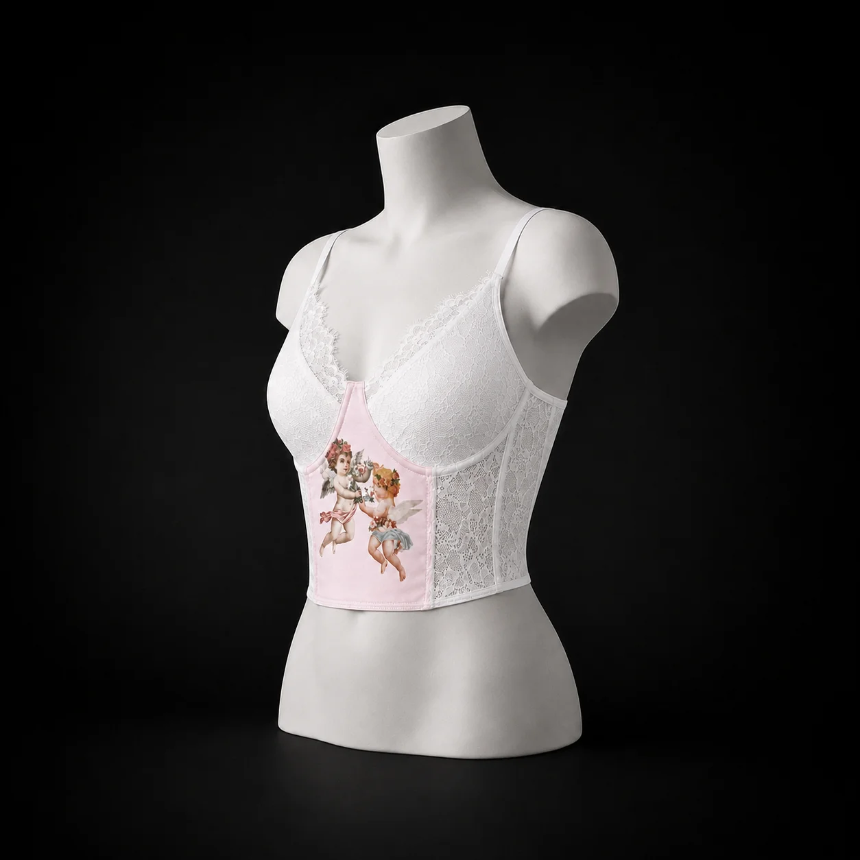 White Lace Corset Top Women's Angel Print V-Neck Bustier Women Adjustable Strap Form Fitting Cropped Cami Top
