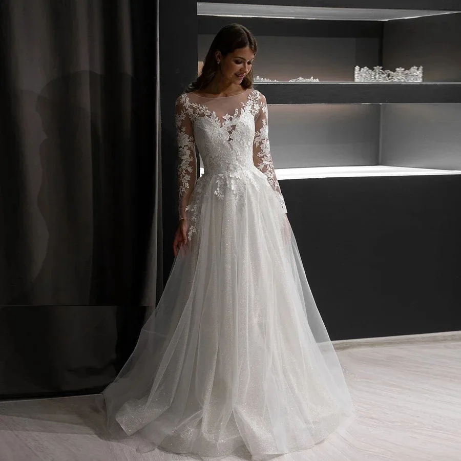 

Customized Women Wedding Dresses Long Sleeves Tulle Appliques Bridal Gowns Formal Occasion Vestido De Noiva robe de mariée