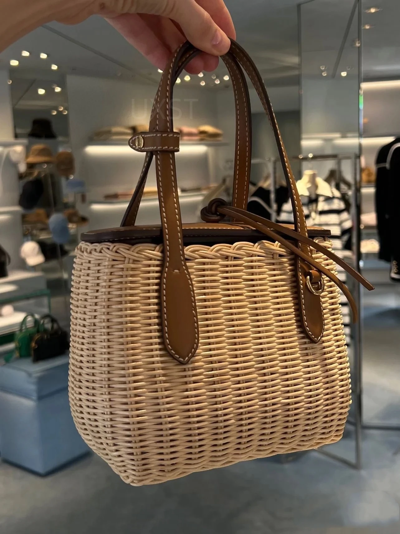 UXST New Bamboo Woven Basket Bag French Rattan Weave Handbag Design Patchwork Women Bag Leather Flap Pocket Outing Crossbody Bag