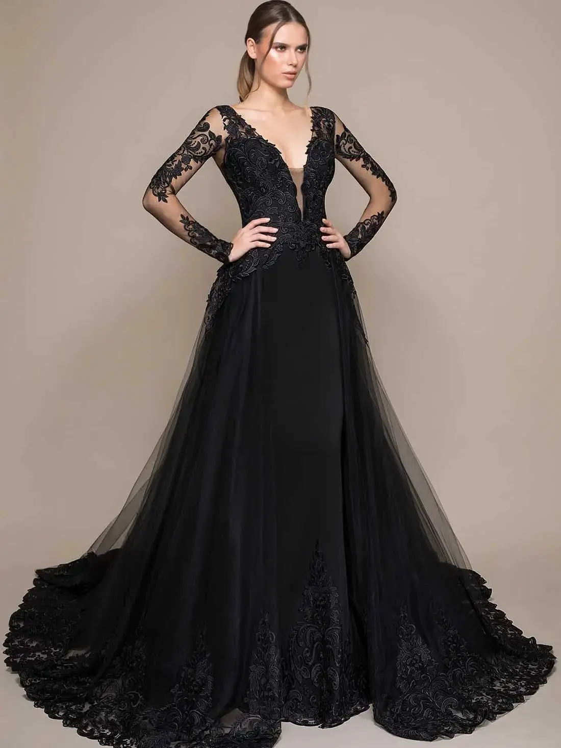 Vestidos de graduación negros para mujer, Vestido de noche de manga larga con cuello en V, Apliques de encaje con botones en la espalda, Vestido de Novia personalizado para celebridades