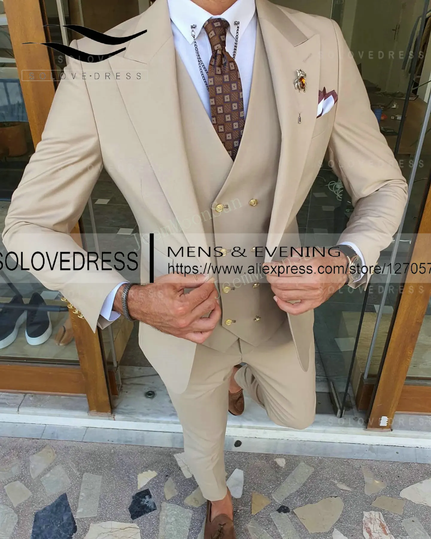 

New Beige Men's 3 Pieces Suit Formal Business Notch Lapel Slim Fit Tuxedos Best Man Blazer For Wedding(Blazer+vest+Pants)