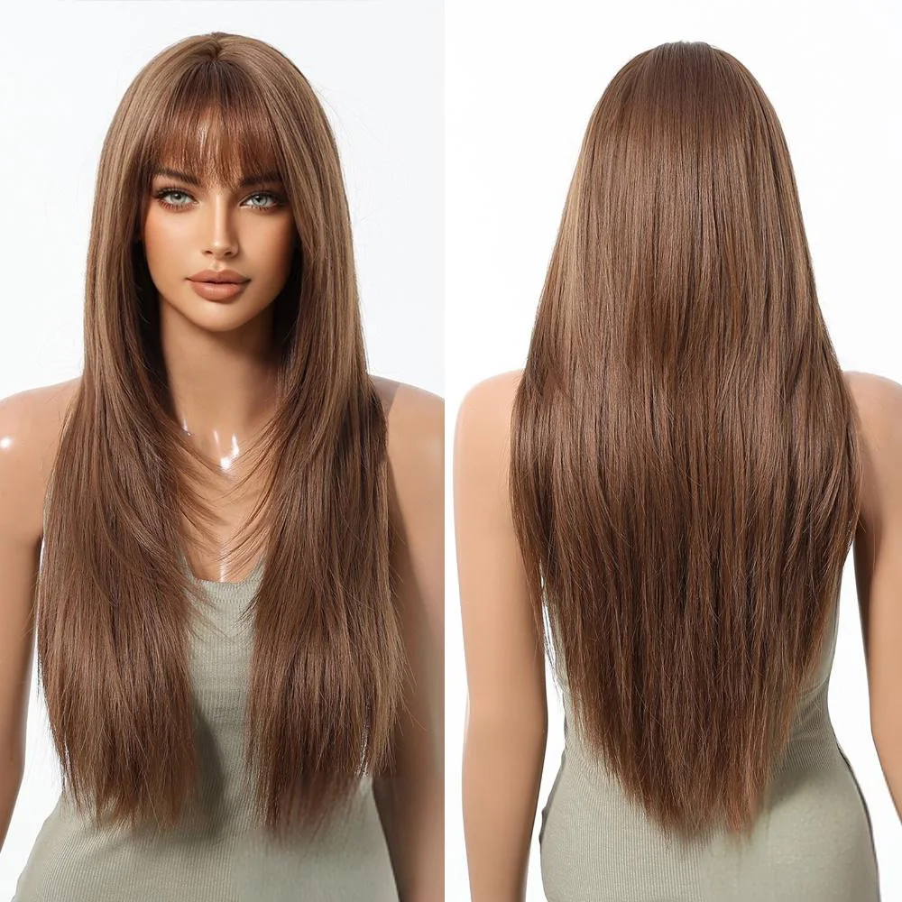 27-Inch Brown High-Length Straight Synthetic Hair With Bangs Is A Natural Heat-Resistant Wig Suitable For Women'S Daily Parties