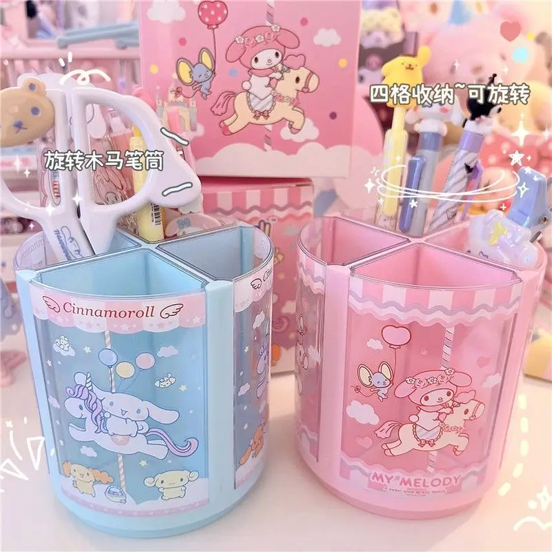 

New Sanrio Cinnamoroll My Melody Kawaii Girly Heart Rotating Pen Holder Anime Cute Desktop Plastic Miscellaneous Bucket Gift