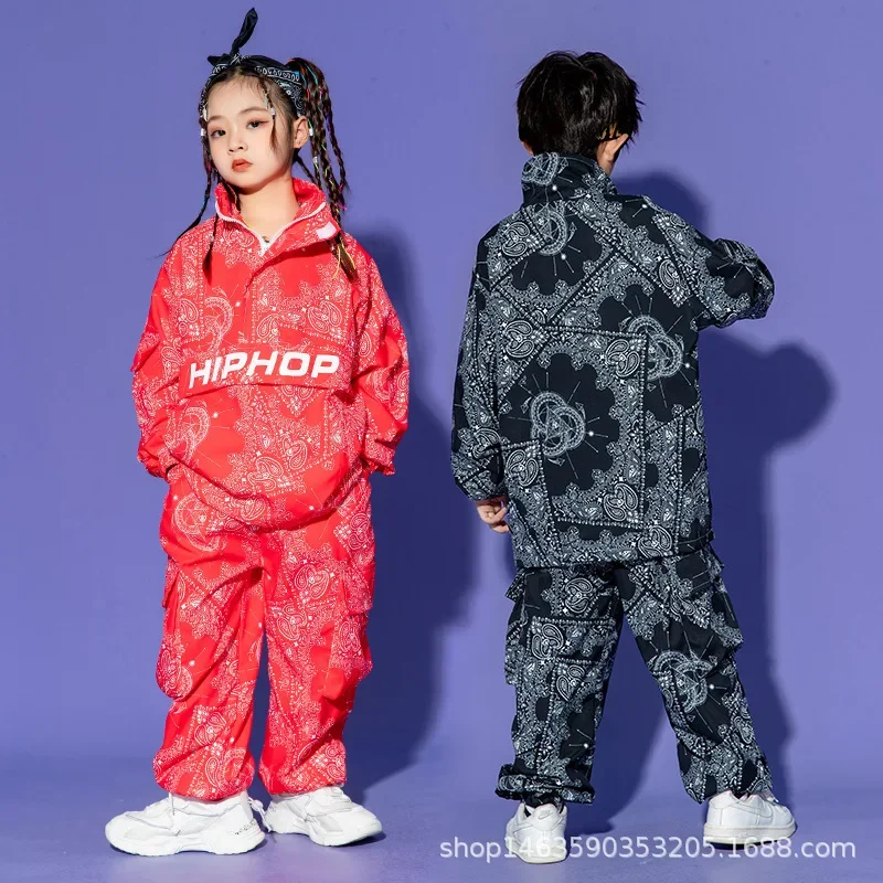 Boy Hip Hop Sweatshirt Joggers Clothes Sets Girls High Collar Paisley Top Cargo Pants Child Street Dance Kids Streetwear Costume