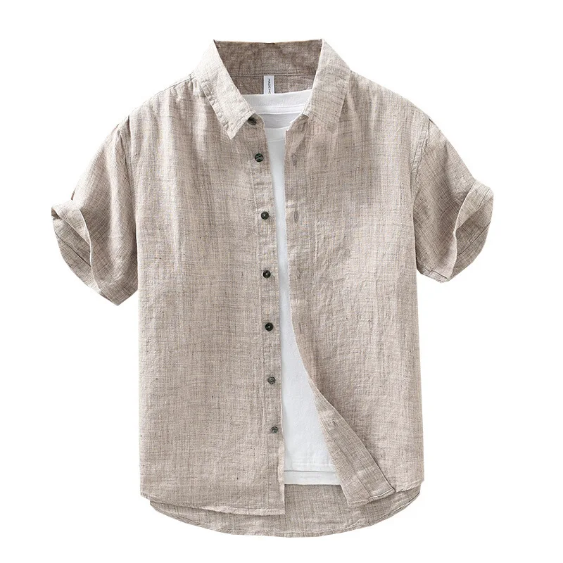 100% Linen Thin Light Breathable Shirts for Men 2024 Summer Vintage Fashion Shorts Sleeve Tops for Cityboy Youth Male Casual