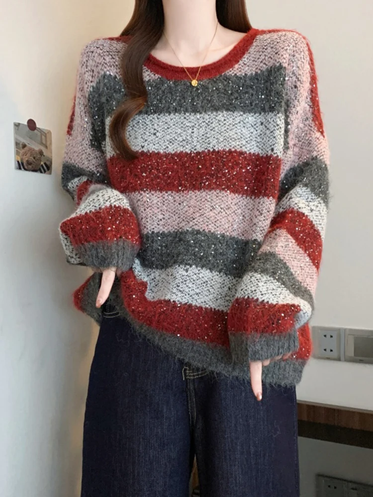 

Красный полосатый длинный вязаный свитер женский свободного кроя, базовый слой, осенне-зимний повседневный, с круглым вырезом, утепленный трикотаж