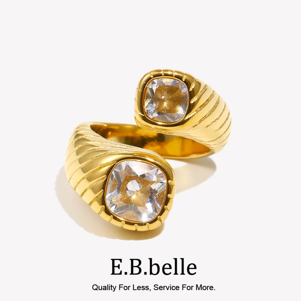E.B.belle Hypoallergenic Double End Zircon Stripe Pattern Opening Ring Creative Stainless Steel Ring Jewelry For Women Girls