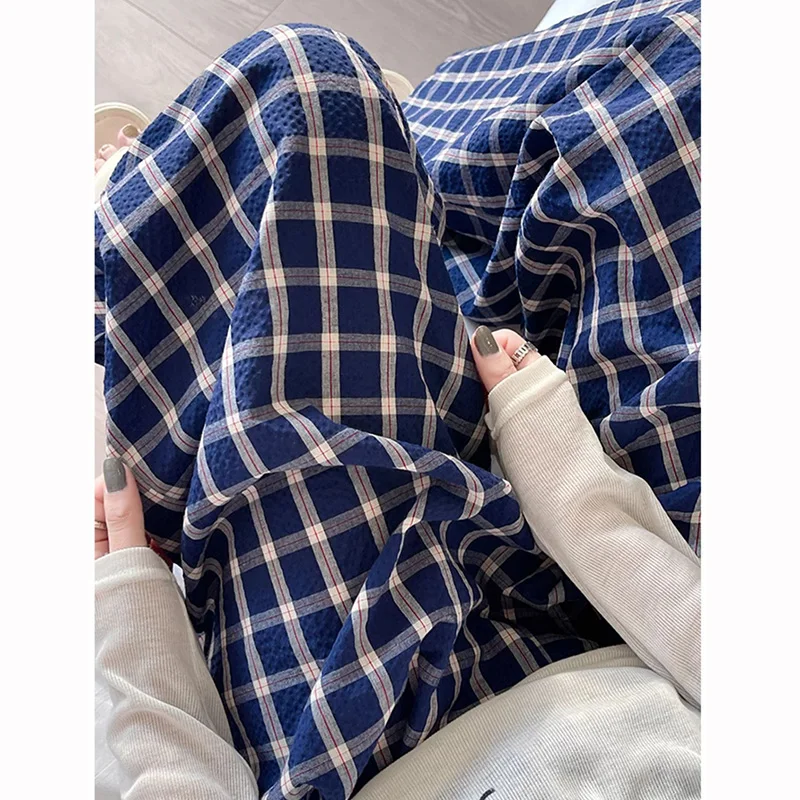 Lady Designer Plaid High Waist Pants Female High Waist Baggy Leisure Daily Pants Girls Chic Fashion Straight Leg Trousers