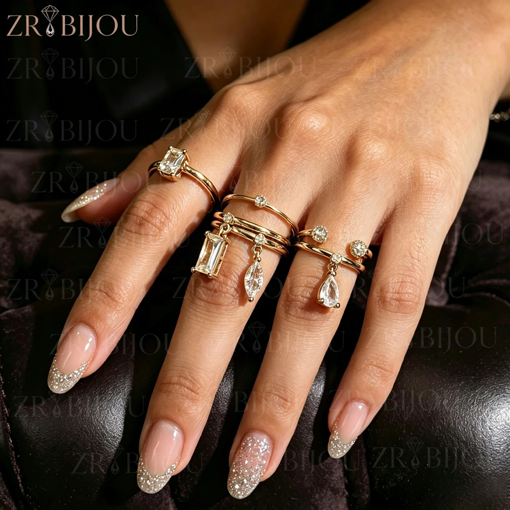 Gold Color Plated Inlaid Zircon Pendant Ring For Women New Minimalist Stackable Geometric Zircon Little Charm Finger Jewelry