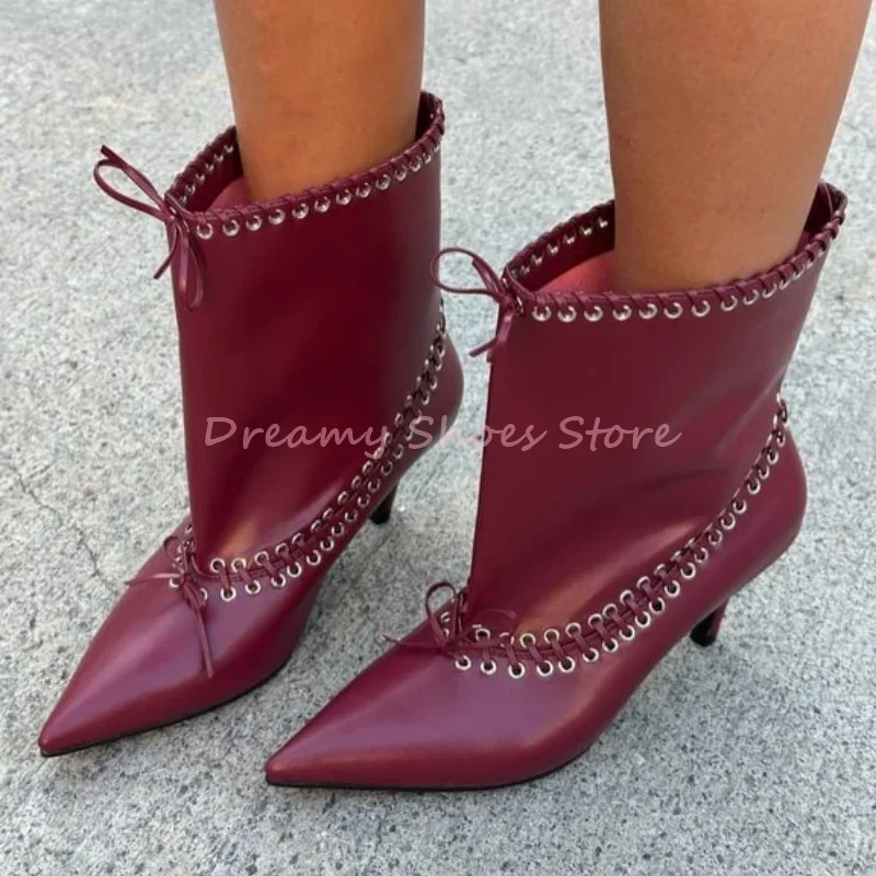 

Red Leather Metal Eyelet Pointed Toe Ankle Boots Women Slip On Lace Up Stiletto Short Boots Fashion Street Style Party Lady Shoe