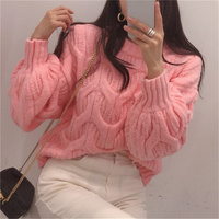 Fashion Stand Collar Knitted Loose Lantern Sleeve Sweaters Female Clothing 2024 Winter Oversized Solid Color Casual Warm Tops