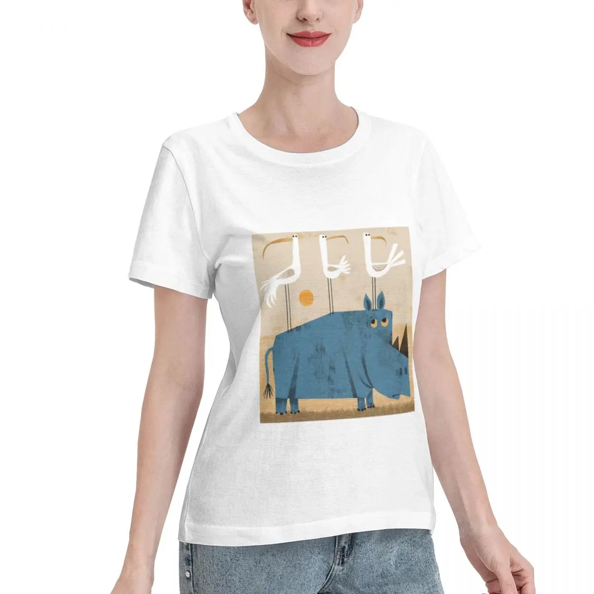 Limited Offer Rhino With Three Birds Women's T-shirt Retro Outdoor Casual Top
