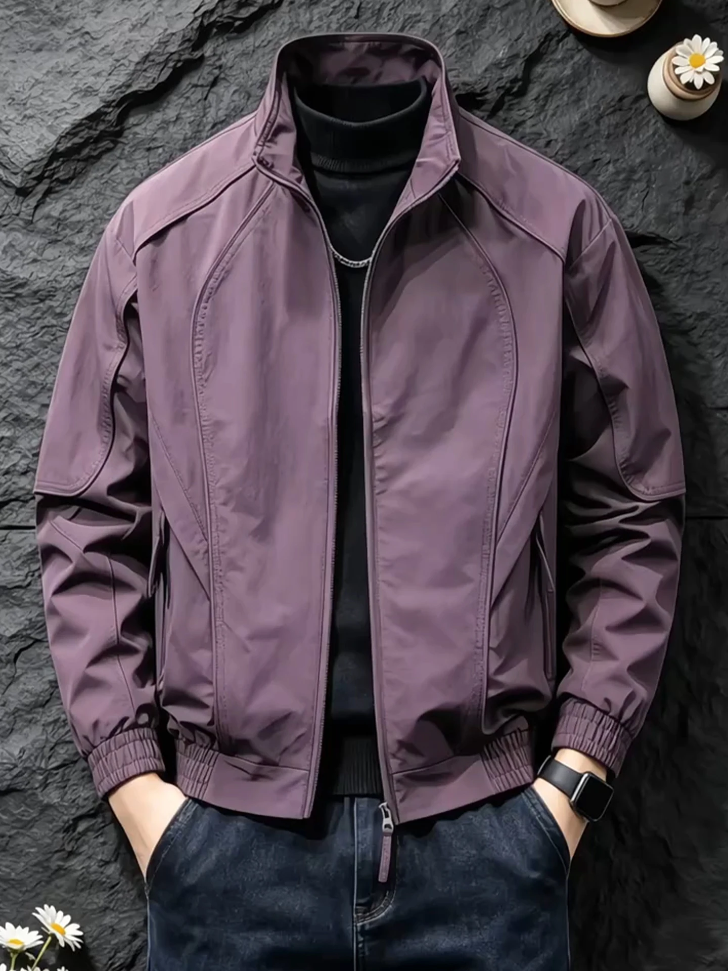 Purple American Deconstructed Stand Collar Flight Jacket Men's Autumn High Sensation Cool Workwear Shoulder Outerwear