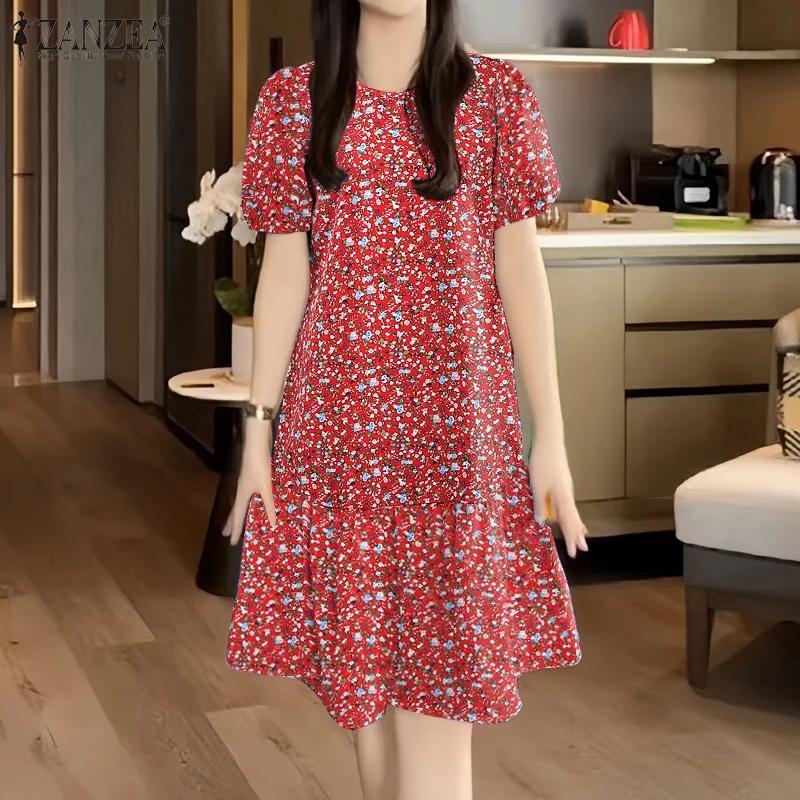 2026 ZANZEA Summer Floral Printed Dresses Women Elegant Casual Holiday Party Dress Stylish Short Sleeve Work Knee Length Robe