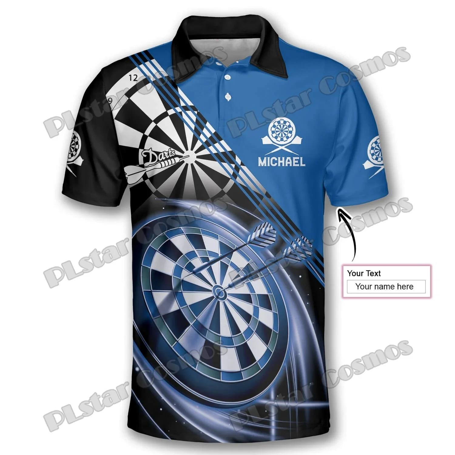 Darts Black White Emblem Pattern Custom Name 3D Printed Fashion Men's Polo Shirts Summer Casual Unisex Premium Polo Shirt PLP35