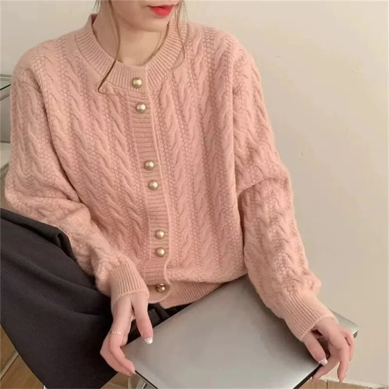 2026年韓国春婦人服ヴィンテージ長袖カーディガン女性セーターOネックエレガントニットトップファッション秋ニットウェア