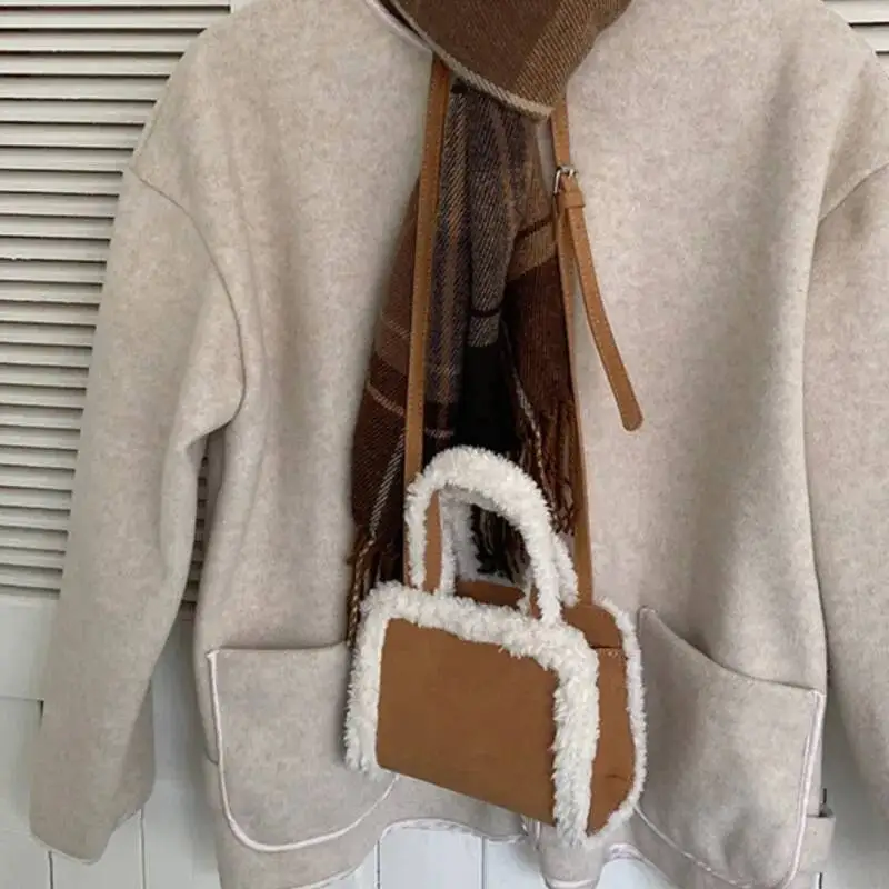 Bloom Vintage Brown Matte Leather Handbag Women Plush Trim Square Mini Shoulder Bags Ladies Sle Everyday Casual Crossbody Bag