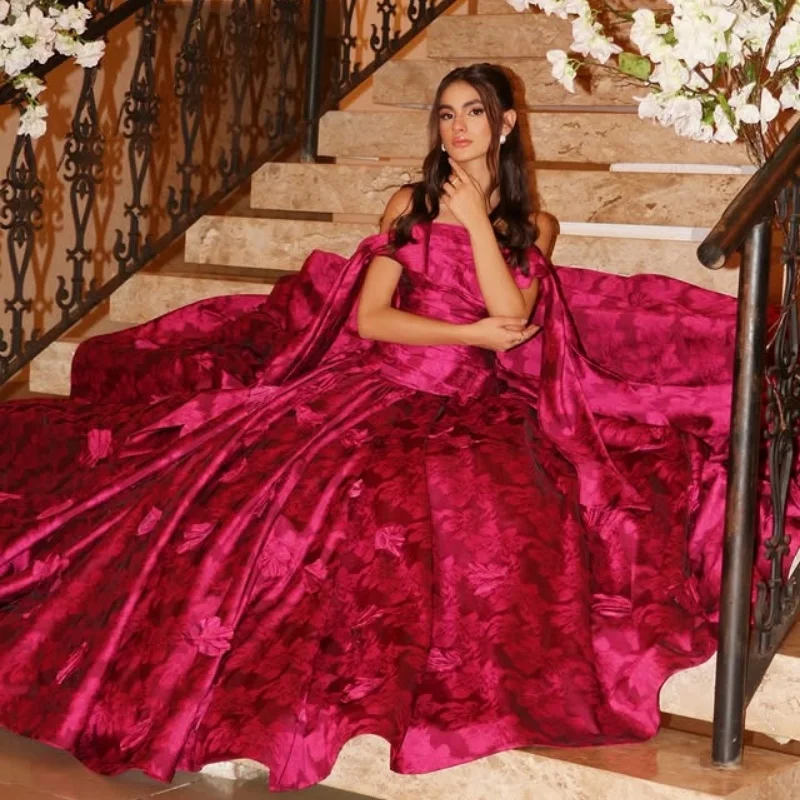 

Simple Rose Pink Quinceanera Dress off-shoulder Glitter Decal Long tail Vestidos De 15 Quinceanera ﻿Customize