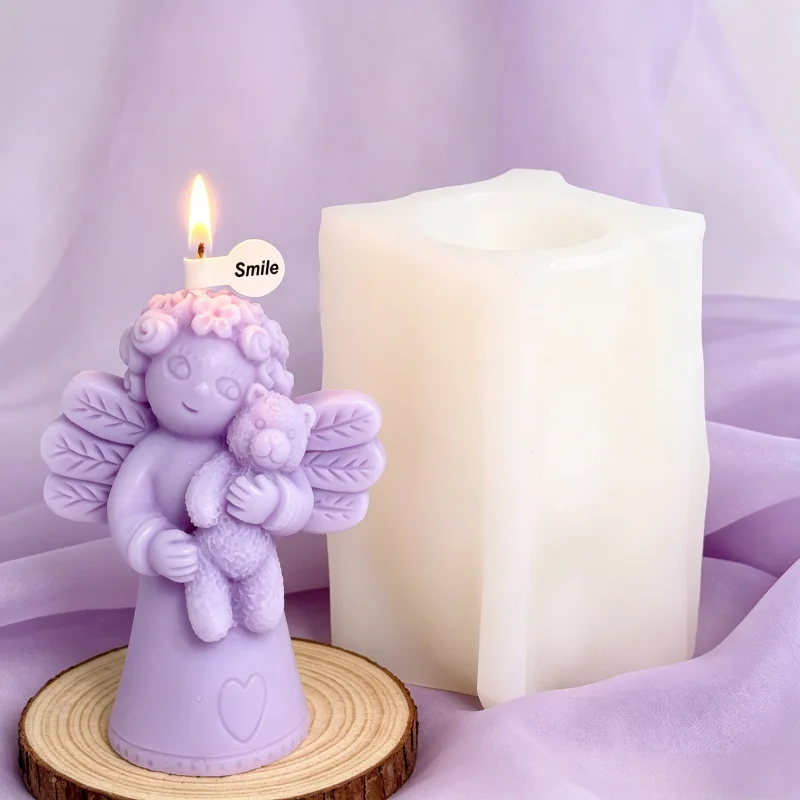 Angel Hugging Teddy Bear Silicone Candle Mold Cherub Bear Flower Heart  DIY Aroma Resin Soap Plaster Mould Baby Shower Home Dec