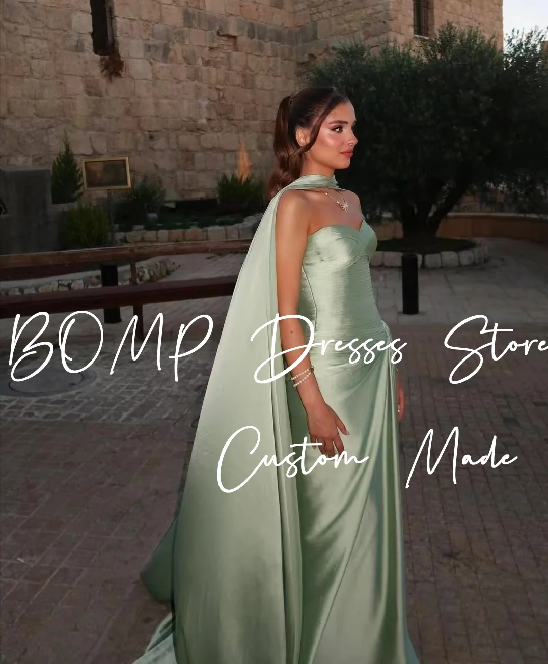 BOMP Abito da sera elegante senza spalline drappeggiato a sirena lunghezza pavimento sciarpa in raso occasione formale abito da festa di nozze personalizzato