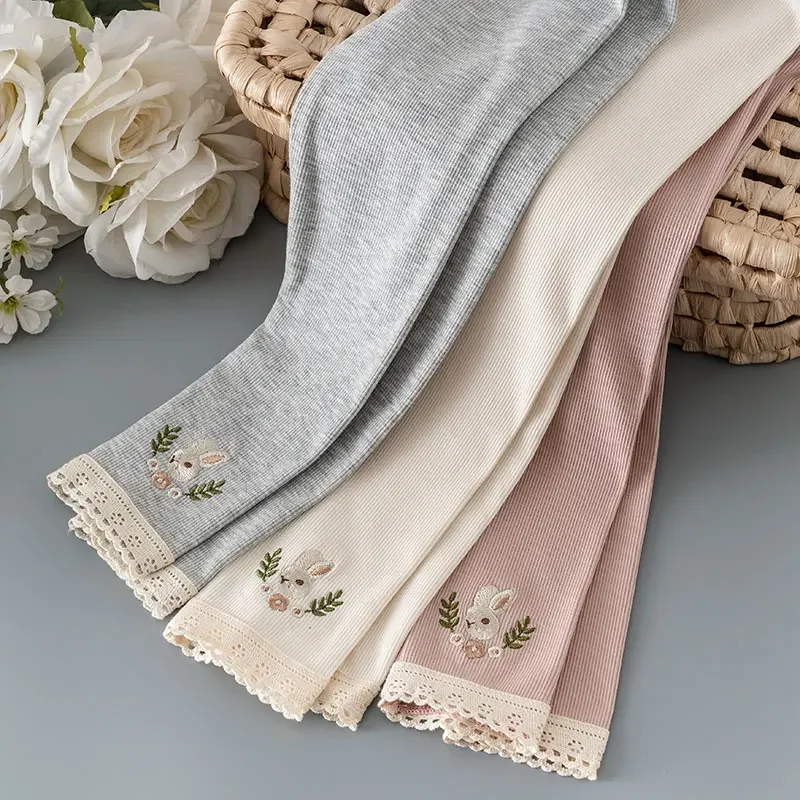 

Solid Elastic Waist Soft Rabbit Embroidery Pattern Pants 2-6Y Children Bottom Trouser Kids Girls Spring Fall Bottom Legging
