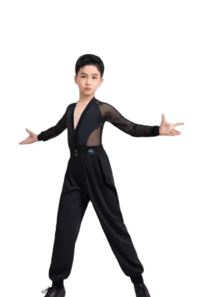 

1pcs/lot Fashion Latin Dance Costumes boys Black white Long Sleeve Shirts Bodysuit Ballroom Dancing top