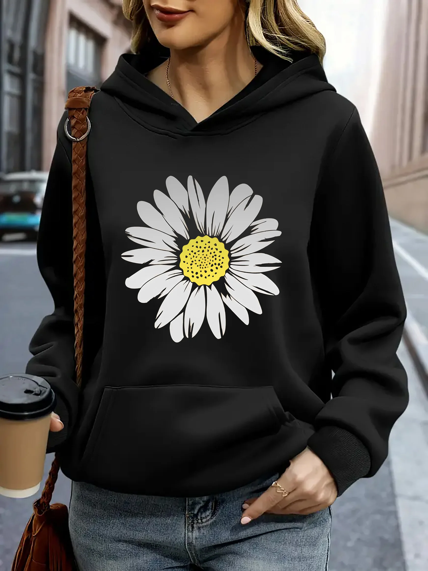 Sweat-shirt à capuche chaud en polaire douce pour femme, imprimé tournesol, pull ample, décontracté, col ras du cou, vêtements pour femme, hiver et automne