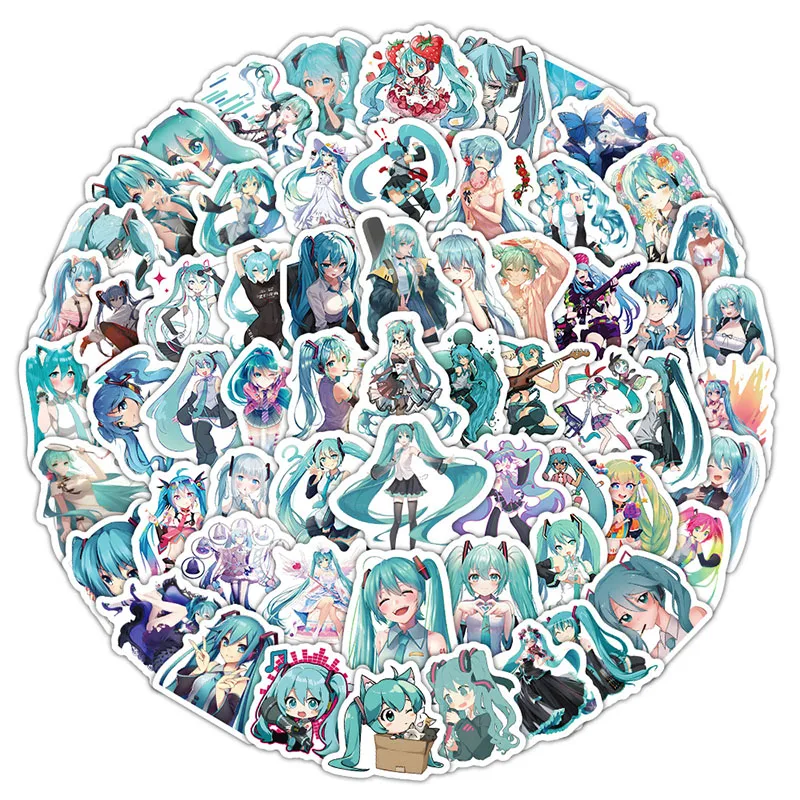 100PCS Hatsune Miku DIY Cartoon Stickers Phone Trunk Refrigerator Waterproof Anime Stickers Anime Figure Image Toys Sticker Gift