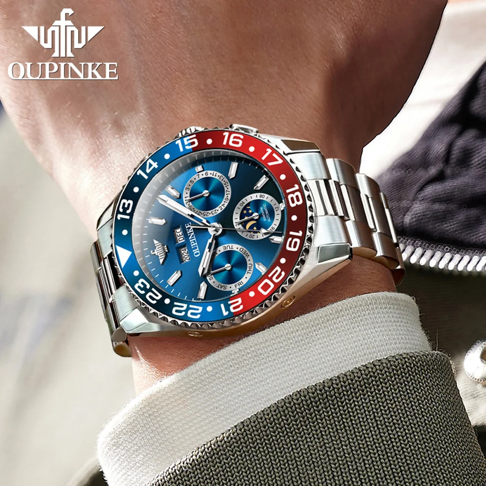 Oupinke 3271 relógio masculino original marca todo automático relógio mecânico multifuncional fase da lua cronógrafo presente superior reloj