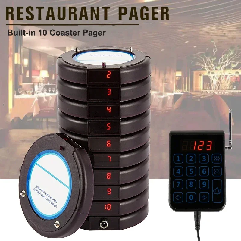 

Restaurant Pagers Wireless Calling System10 Coasters Beeper Buzzer Bell Receivers Queuing for Food Truck Coffee Church Bar Hotel